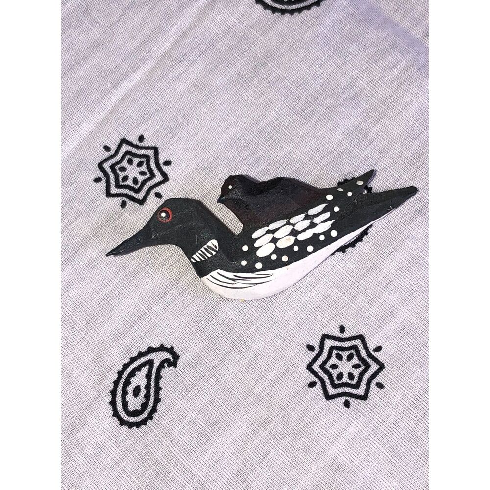 Painted Loon Bird Brooch Pin Black & White